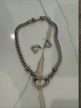 Brighton Silver Pave Heart Necklace with Matching Heart Hoop Earrings